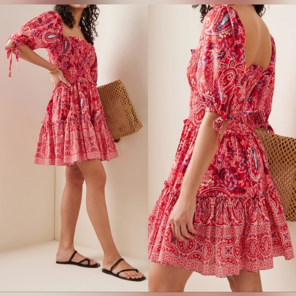 Cara Cara Lenny Red Paisley Floral Mini Dress Puff Sleeve Smocked Size Small